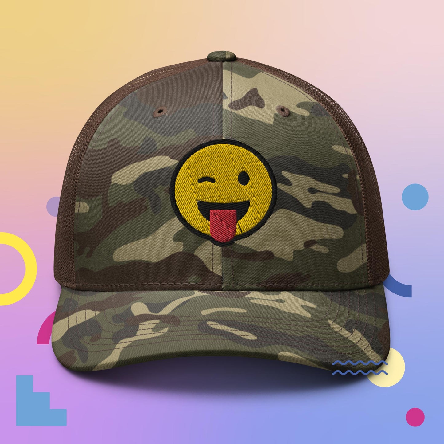 Smiley Wink Camouflage trucker hat